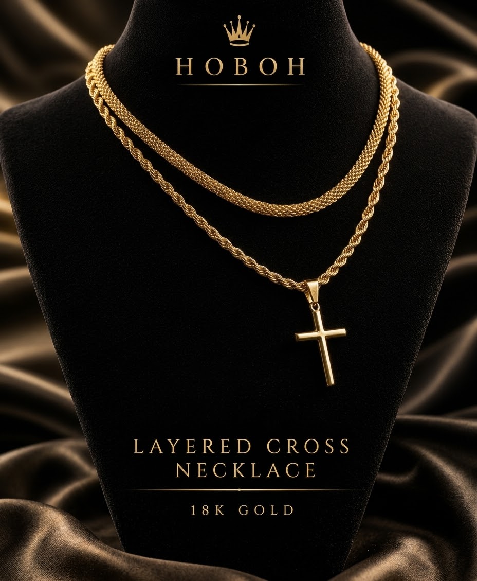 N15 layered gold necklace with cross pendant